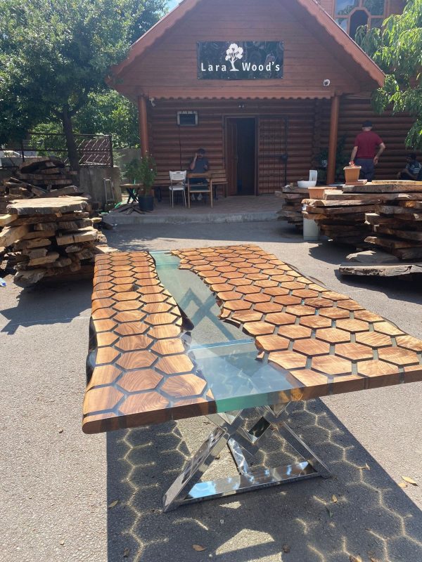 Custom 84” x 48” Walnut Clear Epoxy Table, Hexagon Honeycomb Table, Clear Resin Walnut Table, Handmade Epoxy Table, Unique Table for Cianna Online Hot Sale