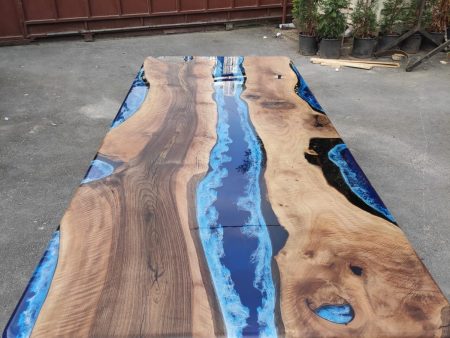 Walnut Dining Table, Live Edge Table, Custom 108” x 42” Walnut Ocean and Royal Blue, Turquoise White Waves Epoxy Table, Order for Mary M3 For Sale