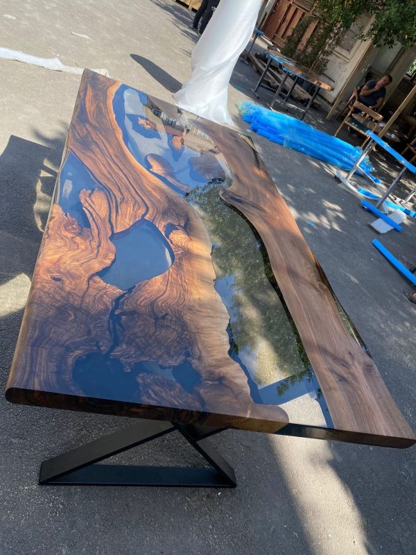 Epoxy Table, Epoxy Dining Table, Walnut Epoxy River Table, Custom 84” x 42” Walnut Wood Smokey Gray Epoxy Table Order for Schaun For Sale