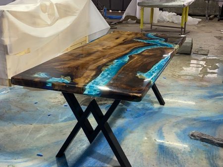 Live Edge Table, Handmade Epoxy Table, Custom 84” x 36” Walnut Blue and Turquise Green Epoxy with Rocks, River Dining Table Order for Vini For Cheap