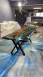 Live Edge Table, Handmade Epoxy Table, Custom 84” x 36” Walnut Blue and Turquise Green Epoxy with Rocks, River Dining Table Order for Vini For Cheap