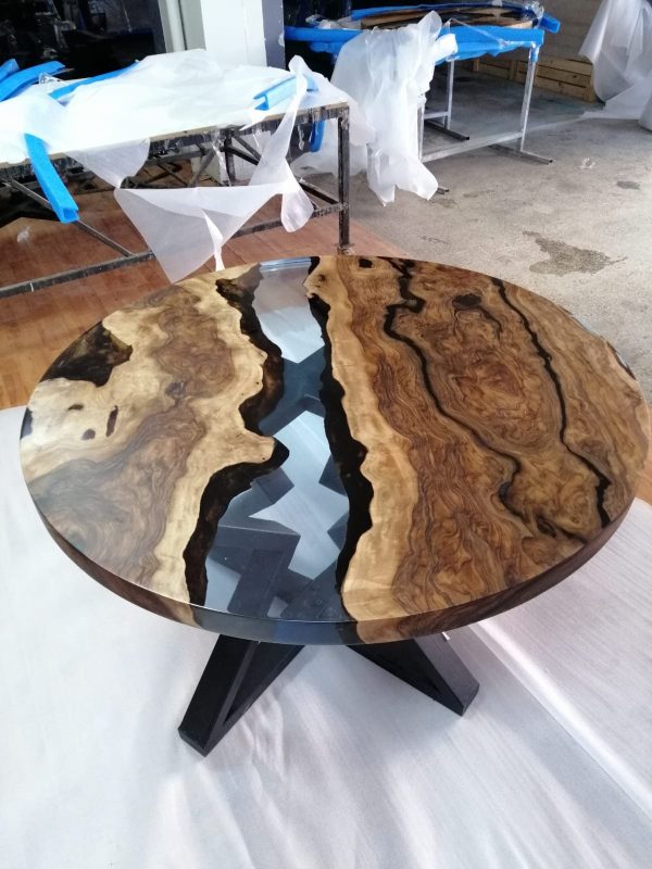 Round Dining Table, River Table, Custom 48” Round Walnut Transparent Light Sky Blue Table, Epoxy River Table, Order for Kristie 3 Cheap