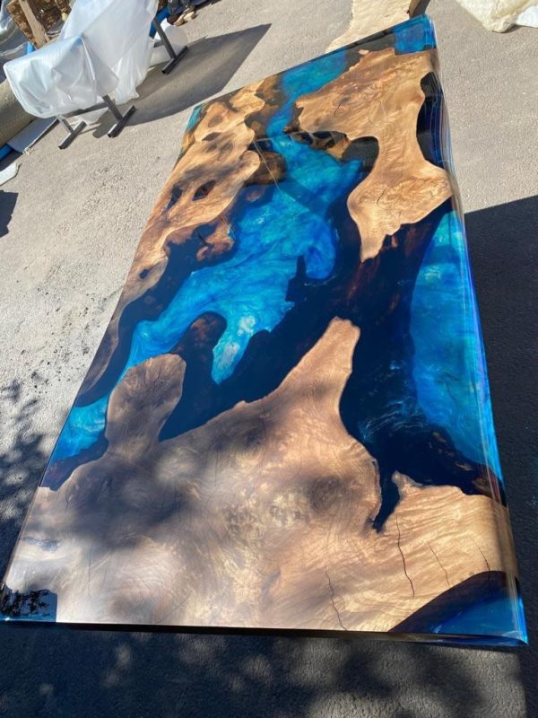 Epoxy Table, Epoxy Dining Table, Walnut Epoxy Table, Custom 72” x 36” Walnut Blue Turquoise Epoxy River Dining Table Order for Poom For Sale