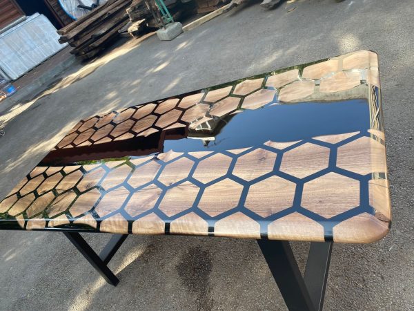 Hexagon Epoxy Table, Epoxy Dining Table, Walnut Epoxy River Table, Custom 72” x 36” Walnut Black Epoxy Hexagon Table for Carlyn For Cheap