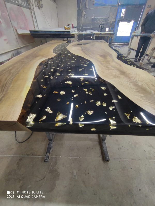 Black Epoxy Resin River Table, Custom 80” x 42” Walnut Black Table, Custom Gold Leaf River Table for E For Cheap