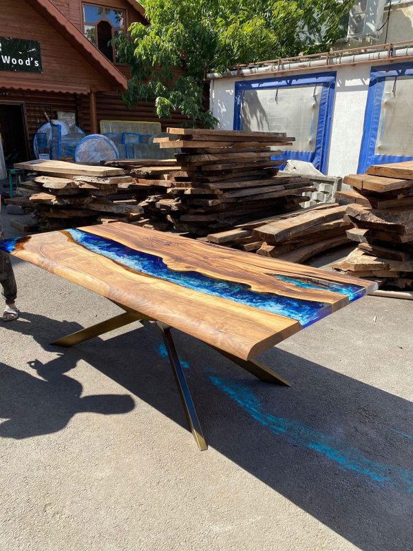 Epoxy Resin Table, Handmade Epoxy Table, Custom 90” x 42” Walnut Wood Deep Blue and Turquoise, White Waves Epoxy Table, for Kelly Bark2 Online now