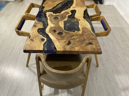 Live Edge Table, Custom 80” x 36  Walnut Midnight Blue Table, Epoxy with Gold Leaf Strip Line Table, River Table, Order for Giovanni on Sale