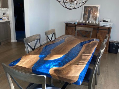 Epoxy Table, Epoxy Dining Table, Walnut Epoxy River Table, Custom 80” x 38” Walnut Metallic Blue Epoxy River Table, Order for Jessica Online now