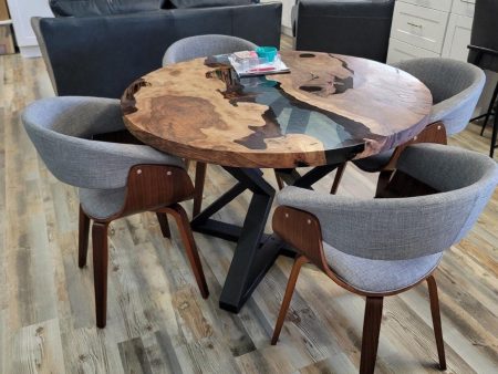 Round Dining Table, River Table, Custom 48” Round Walnut Transparent Light Sky Blue Table, Epoxy River Table, Order for Kristie 3 Cheap