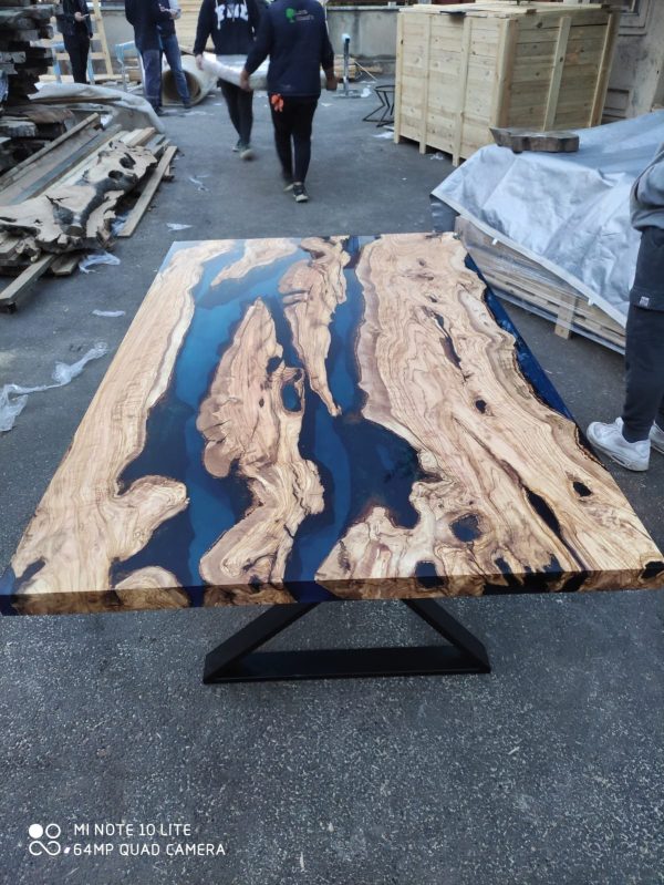 Olive Wood Dining Table, Epoxy Resin Table, Custom 65  x 40  Olive Wood Table, Blue Epoxy Table, Live Edge Table, Custom Order for Sabrina Supply