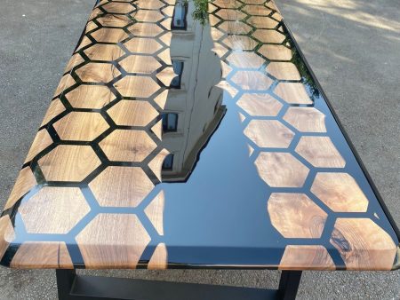 Hexagon Epoxy Table, Epoxy Dining Table, Walnut Epoxy River Table, Custom 72” x 36” Walnut Black Epoxy Hexagon Table for Carlyn For Cheap