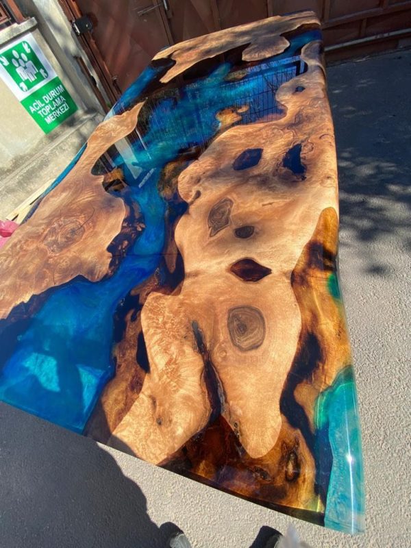 Epoxy Table, Epoxy Dining Table, Walnut Epoxy Table, Custom 72” x 36” Walnut Blue Turquoise Epoxy River Dining Table Order for Poom For Sale