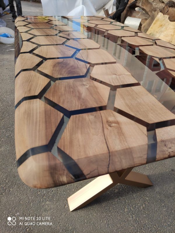 60” x 30” Walnut Clear Epoxy Table, Hexagon Honeycomb Table, Clear Resin Walnut Table, Handmade Epoxy Table, Unique Resin Table for E Sale