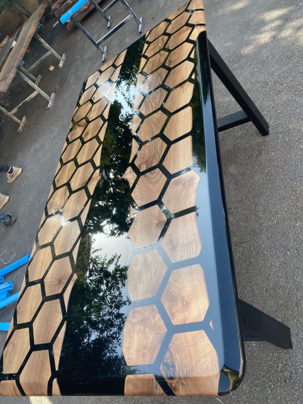 Hexagon Epoxy Table, Epoxy Dining Table, Walnut Epoxy River Table, Custom 72” x 36” Walnut Black Epoxy Hexagon Table for Carlyn For Cheap