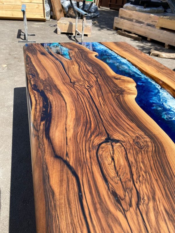 Epoxy Resin Table, Handmade Epoxy Table, Custom 90” x 42” Walnut Wood Deep Blue and Turquoise, White Waves Epoxy Table, for Kelly Bark2 Online now