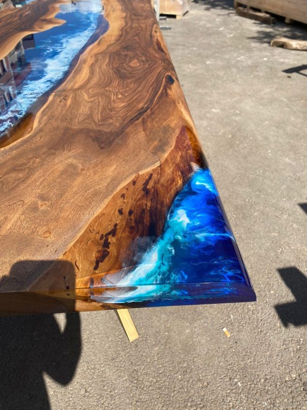 Epoxy Resin Table, Handmade Epoxy Table, Custom 90” x 42” Walnut Wood Deep Blue and Turquoise, White Waves Epoxy Table, for Kelly Bark2 Online now