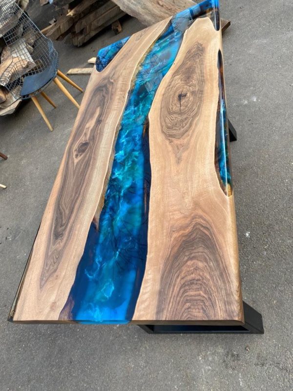 Handmade Epoxy Table, Custom 60” x 28” Walnut Blue, Turquoise, Green Epoxy Table, Epoxy River Table, Live Edge Table, Custom Order for Jesse Online now