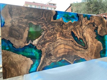 Walnut Dining Table, Live Edge Table, Custom 52” x 23” Walnut Blue, Turquoise, Orange Epoxy Table, Wall Art Table, Custom Order for Christy For Sale