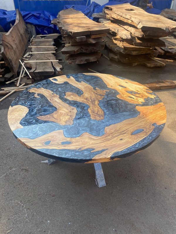 Olive Wood Epoxy Table, Custom 60” Diameter Round Olive Wood Table, Metallic Gray Epoxy Table, River Table, Custom Order for Leigh For Sale