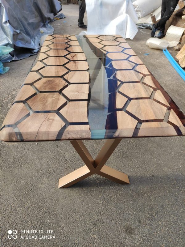 60” x 30” Walnut Clear Epoxy Table, Hexagon Honeycomb Table, Clear Resin Walnut Table, Handmade Epoxy Table, Unique Resin Table for E Sale