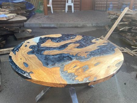 Olive Wood Epoxy Table, Custom 60” Diameter Round Olive Wood Table, Metallic Gray Epoxy Table, River Table, Custom Order for Leigh For Sale