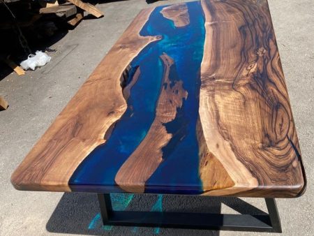 Handmade Epoxy Table, Custom 84” x 42” Walnut Blue, Turquoise, Green Table, Epoxy Dining Table, Epoxy Resin Table, Custom for Sarvani For Sale