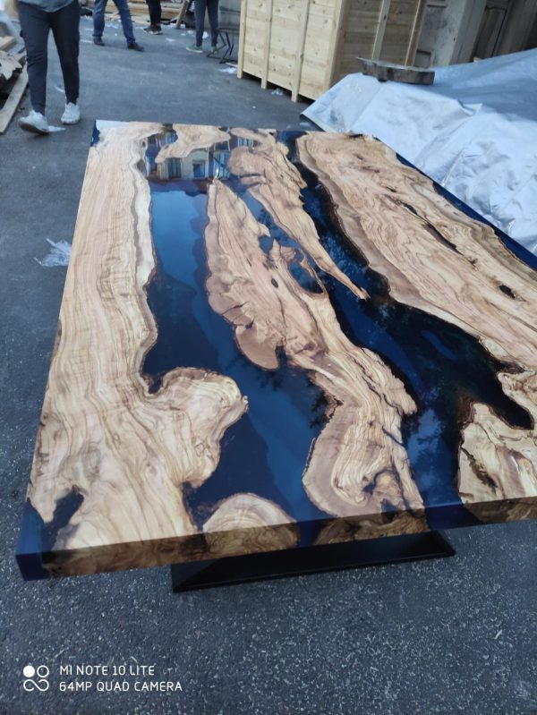 Olive Wood Dining Table, Epoxy Resin Table, Custom 65  x 40  Olive Wood Table, Blue Epoxy Table, Live Edge Table, Custom Order for Sabrina Supply