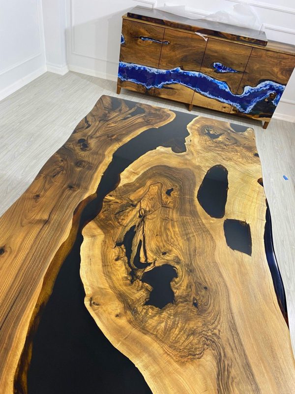 Epoxy Table, Epoxy Dining Table, Walnut Epoxy River Table, Custom 78” x 42” Walnut Black Epoxy River Table Order for Wendy Online