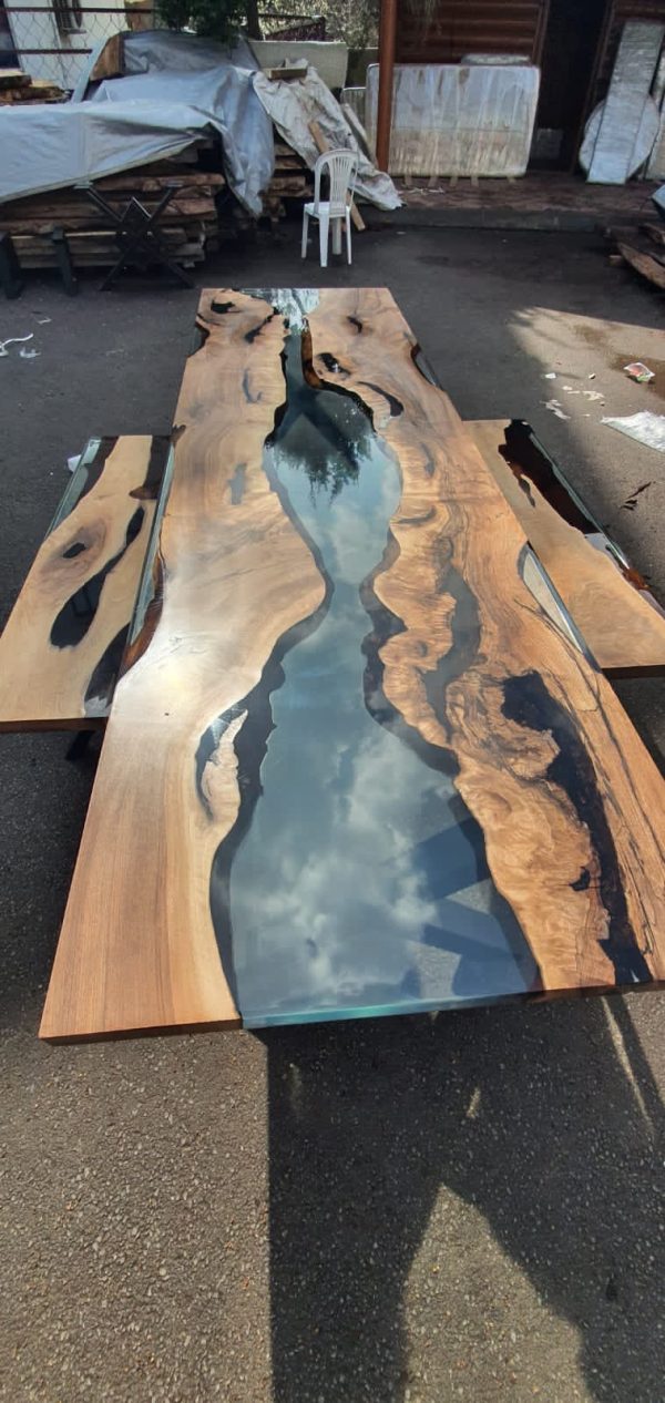 Epoxy Table, Epoxy Dining Table, Walnut Epoxy River Table, Custom 115” x 32” Walnut Epoxy River Table, Order for Corsetti Online now