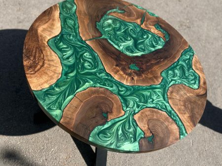 Round Dining Table, Live Edge Table, Custom 40” Diameter Round Walnut Wood Metallic Emerald Green Epoxy Dining Table, Order for Donny Cheap