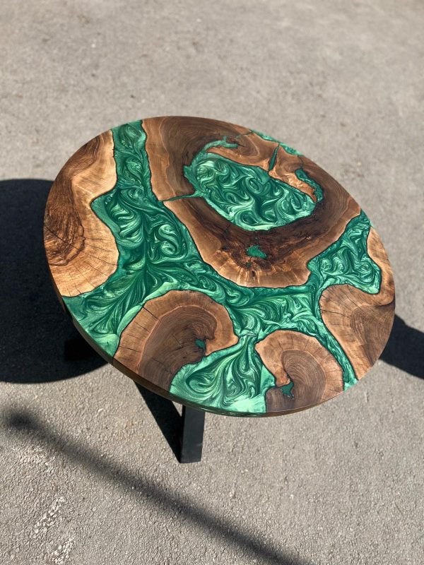 Round Dining Table, Live Edge Table, Custom 40” Diameter Round Walnut Wood Metallic Emerald Green Epoxy Dining Table, Order for Donny Cheap