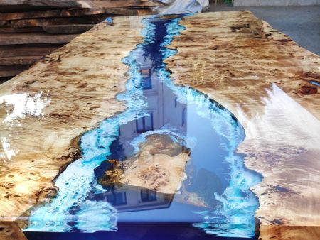 Poplar Table, Epoxy Resin Table, Custom 88” x 42” Poplar Wood Table, Shiny Ocean Blue Table, Epoxy River Table, Custom Order for Natalie Online Sale