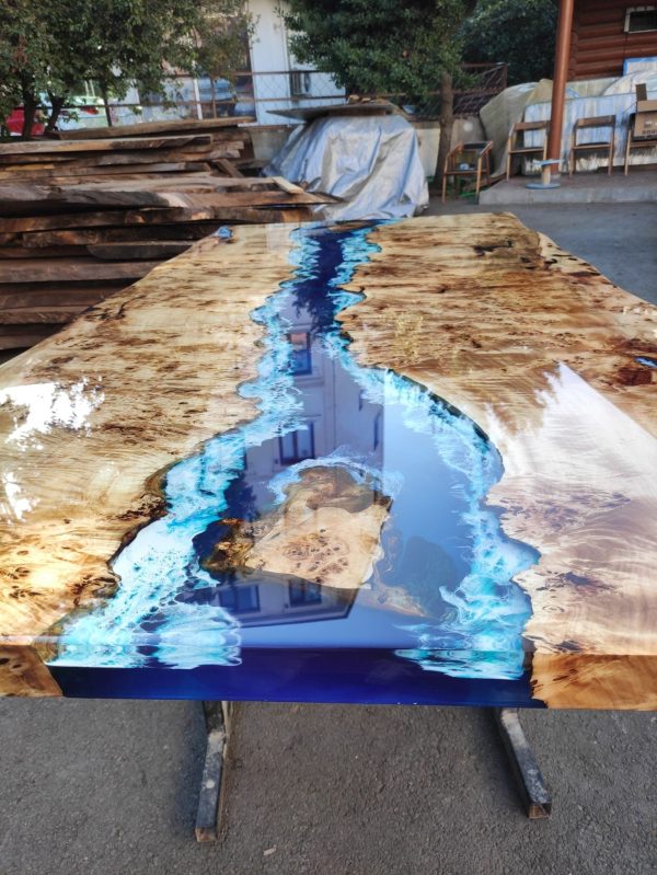 Poplar Table, Epoxy Resin Table, Custom 88” x 42” Poplar Wood Table, Shiny Ocean Blue Table, Epoxy River Table, Custom Order for Natalie Online Sale