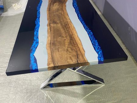 Epoxy Resin Table, Custom 96” x 40  Walnut Table, Light Gray, Blue and Black Epoxy Table, Custom Order for Christine Discount