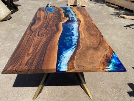 Epoxy Resin Table, Handmade Epoxy Table, Custom 90” x 42” Walnut Wood Deep Blue and Turquoise, White Waves Epoxy Table, for Kelly Bark2 Online now