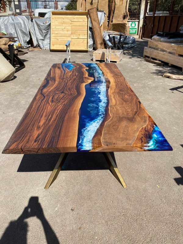 Epoxy Resin Table, Handmade Epoxy Table, Custom 90” x 42” Walnut Wood Deep Blue and Turquoise, White Waves Epoxy Table, for Kelly Bark2 Online now