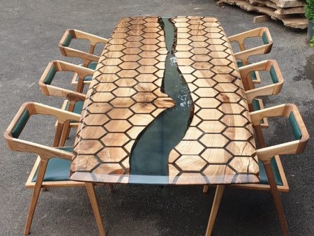 Custom Honeycomb Epoxy Resin River Table, Custom Clear Resin Walnut Conference Table, Handmade Epoxy Table, Unique Resin Table on Sale