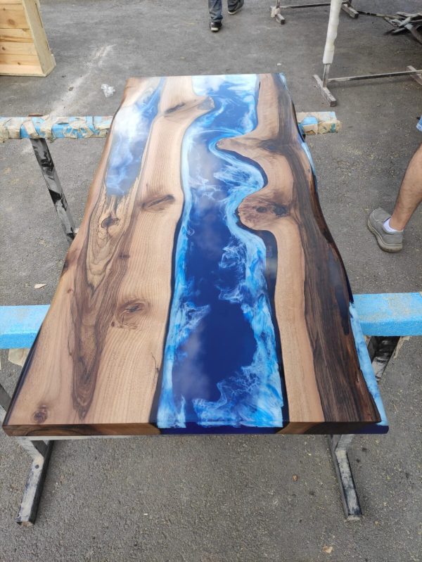 Handmade Epoxy Set, Epoxy Furniture Set, Custom 140cm x 60cm Walnut Ocean Blue, Turquoise White River Dining Table, Order for Chedburn Cheap