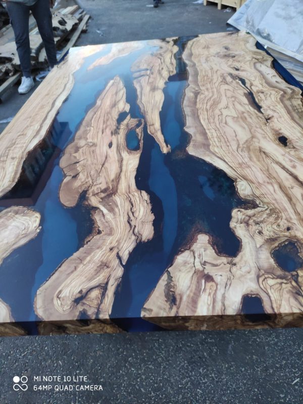 Olive Wood Dining Table, Epoxy Resin Table, Custom 65  x 40  Olive Wood Table, Blue Epoxy Table, Live Edge Table, Custom Order for Sabrina Supply