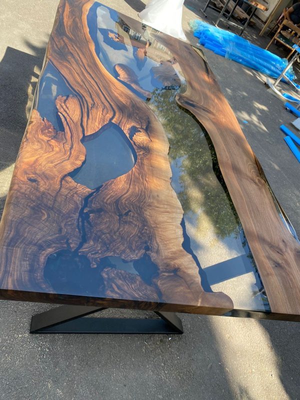 Epoxy Table, Epoxy Dining Table, Walnut Epoxy River Table, Custom 84” x 42” Walnut Wood Smokey Gray Epoxy Table Order for Schaun For Sale