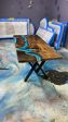 Live Edge Table, Handmade Epoxy Table, Custom 84” x 36” Walnut Blue and Turquise Green Epoxy with Rocks, River Dining Table Order for Vini For Cheap