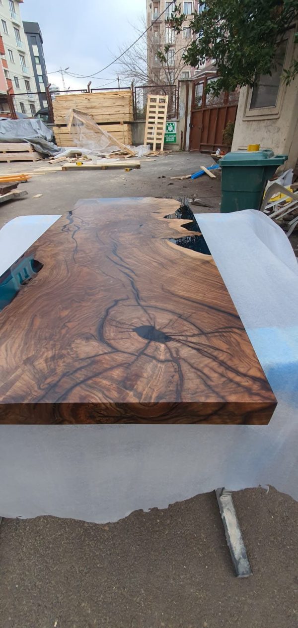 Walnut Dining Table, Epoxy Coffee Table, Custom 40” x 18” Walnut Transparent Translucent Turquoise Epoxy Coffee Table, Order for April Sale