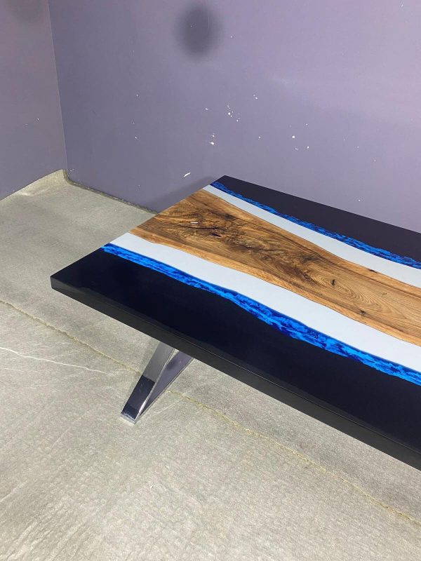 Epoxy Resin Table, Custom 96” x 40  Walnut Table, Light Gray, Blue and Black Epoxy Table, Custom Order for Christine Discount