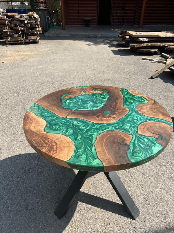 Round Dining Table, Live Edge Table, Custom 40” Diameter Round Walnut Wood Metallic Emerald Green Epoxy Dining Table, Order for Donny Cheap