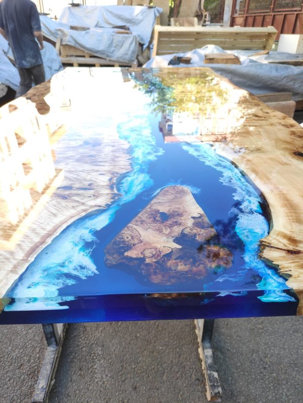 Poplar Table, Epoxy Resin Table, Custom 88” x 42” Poplar Wood Table, Shiny Ocean Blue Table, Epoxy River Table, Custom Order for Natalie Online Sale