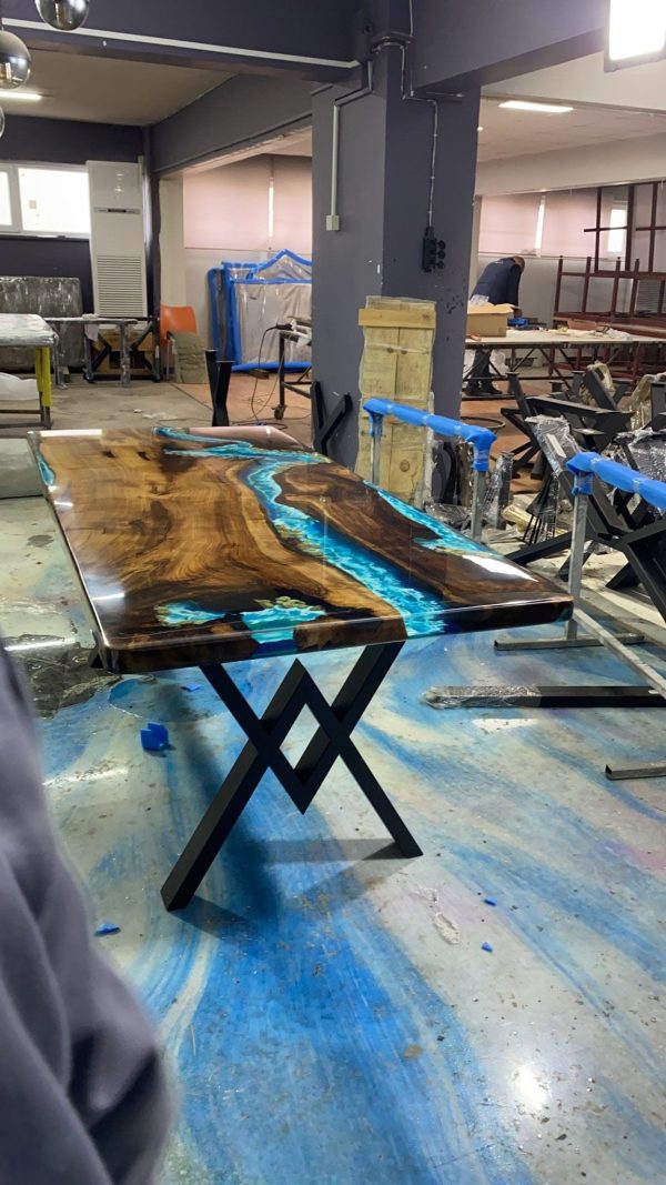 Live Edge Table, Handmade Epoxy Table, Custom 84” x 36” Walnut Blue and Turquise Green Epoxy with Rocks, River Dining Table Order for Vini For Cheap