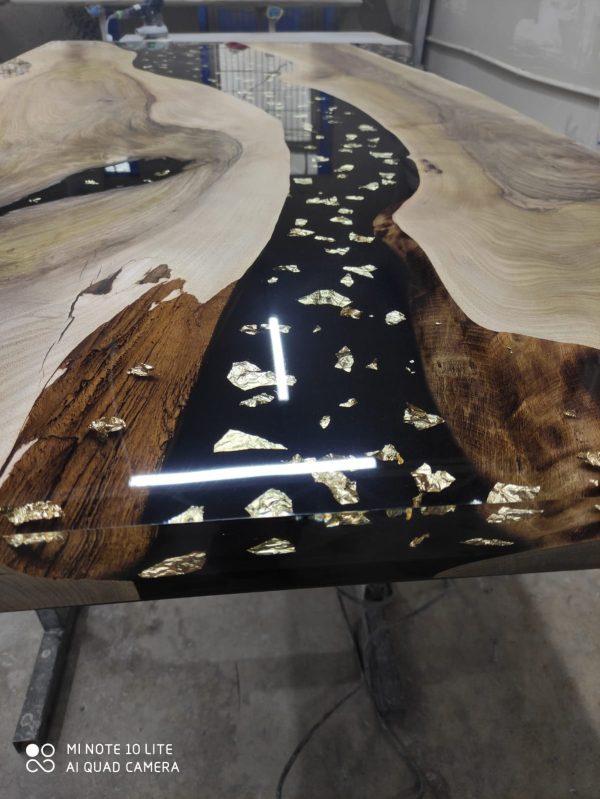 Black Epoxy Resin River Table, Custom 80” x 42” Walnut Black Table, Custom Gold Leaf River Table for E For Cheap