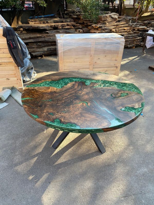 Round Dining Table, Custom 60” Diameter Round Walnut Wood Table, Emerald Green Epoxy Table, Epoxy Dining Table, Custom vOrder for Lai Online Sale