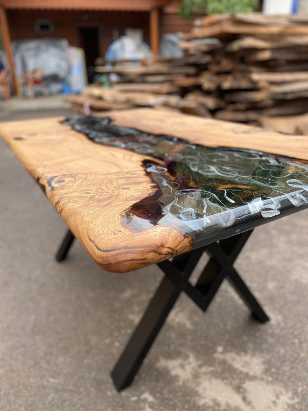 Live Edge Table, Epoxy Resin Table, Custom 60” x 36” Chestnut Smokey Gray Epoxy with White Strike Resin River Dining Table, Order for Rahad Fashion