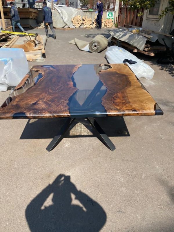 Epoxy Table, Epoxy Dining Table, Walnut Epoxy Table, River Dining Table, Custom 60” x 60” Walnut Smokey Gray Epoxy Table, Order for Sally D Online